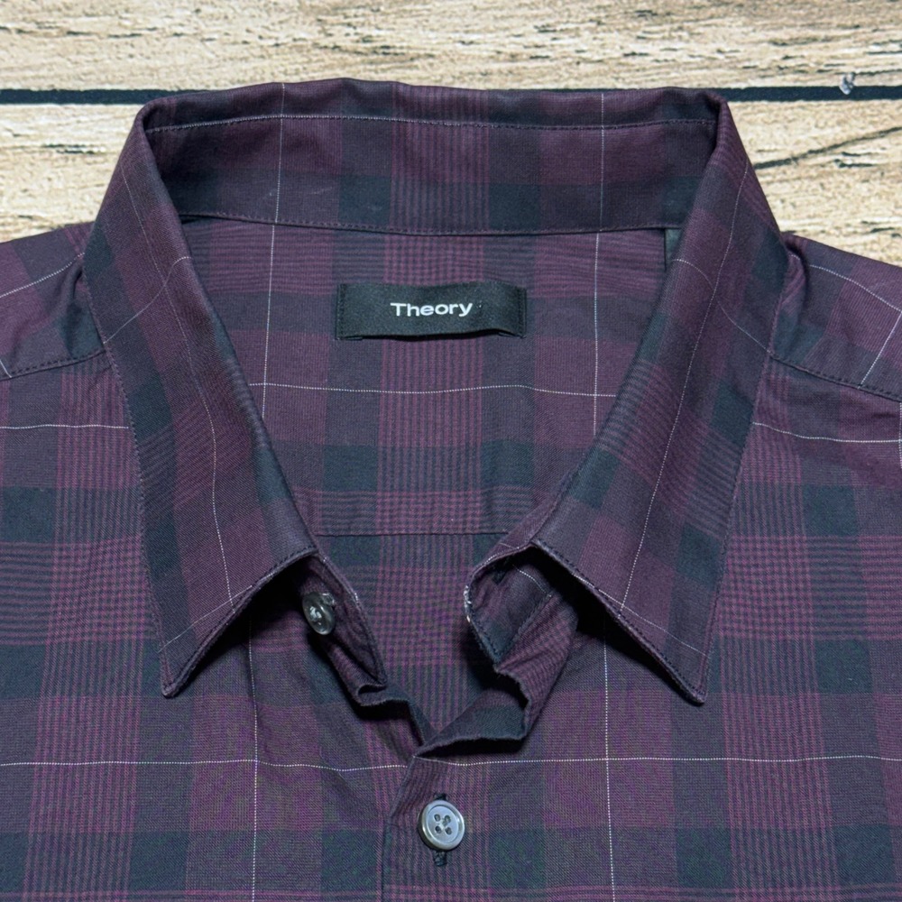 Theory Button Down Shirt Mens Large Plum Plaid Sylvain Baleton Cotton G0674532